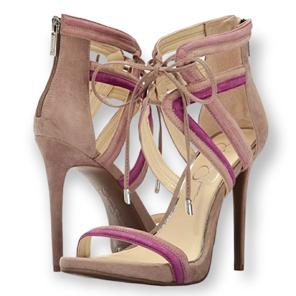 NEW Jessica Simpson Rensa Stiletto Heels Sandals Size 7.5M Taupe Purple Suede - Picture 8 of 12
